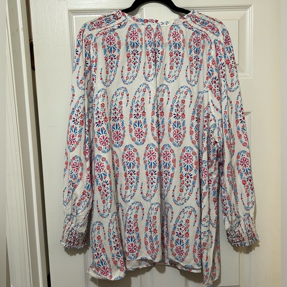 Talbots Blouse Floral Paisley Smocked Resortwear Coastal White Blue Plus Size 3X - Picture 7 of 8